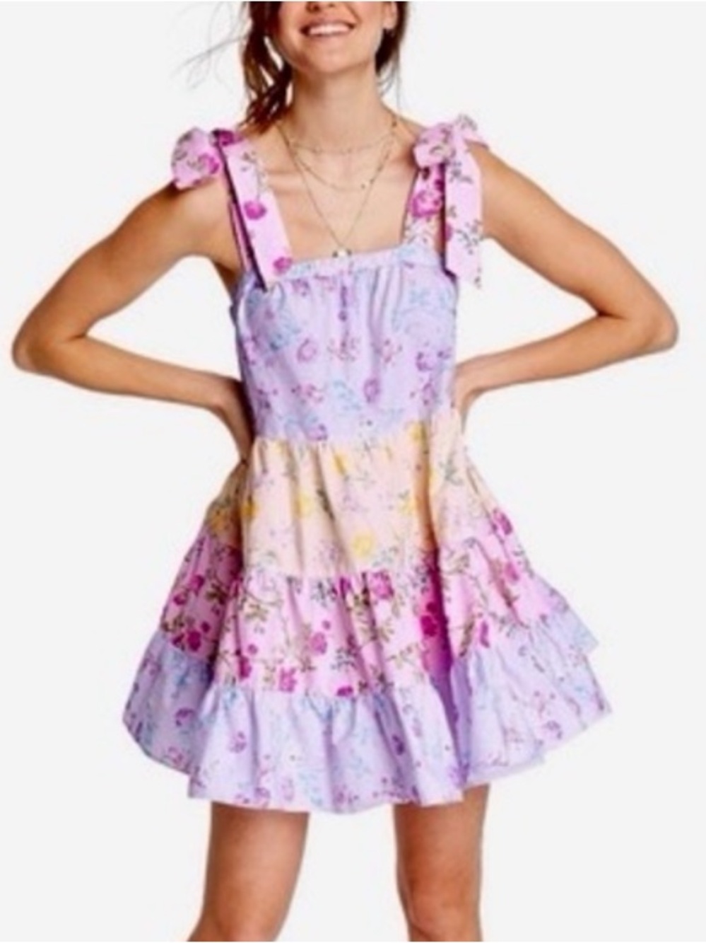 LOVESHACKFANCY Jeanne Pastel Floral Tiered Bow Strap Mini Dress 100% Cotton ~SM